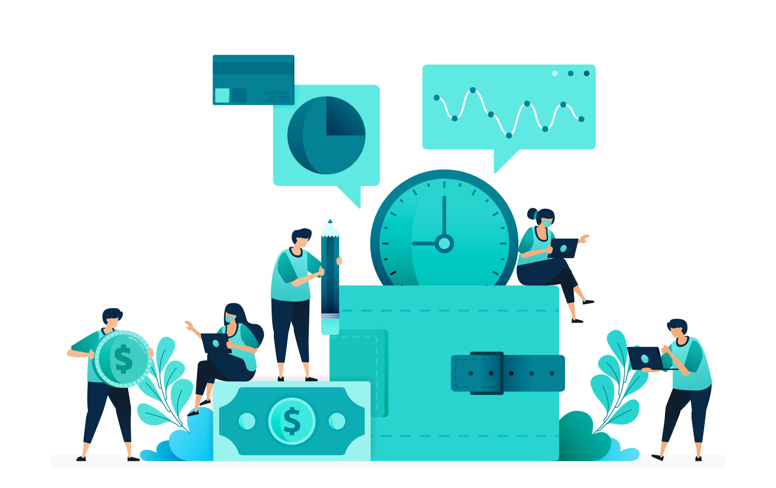 vector illustration of saving and investing with the wallet metaphor. financial and funding analysis. group of women and men worker